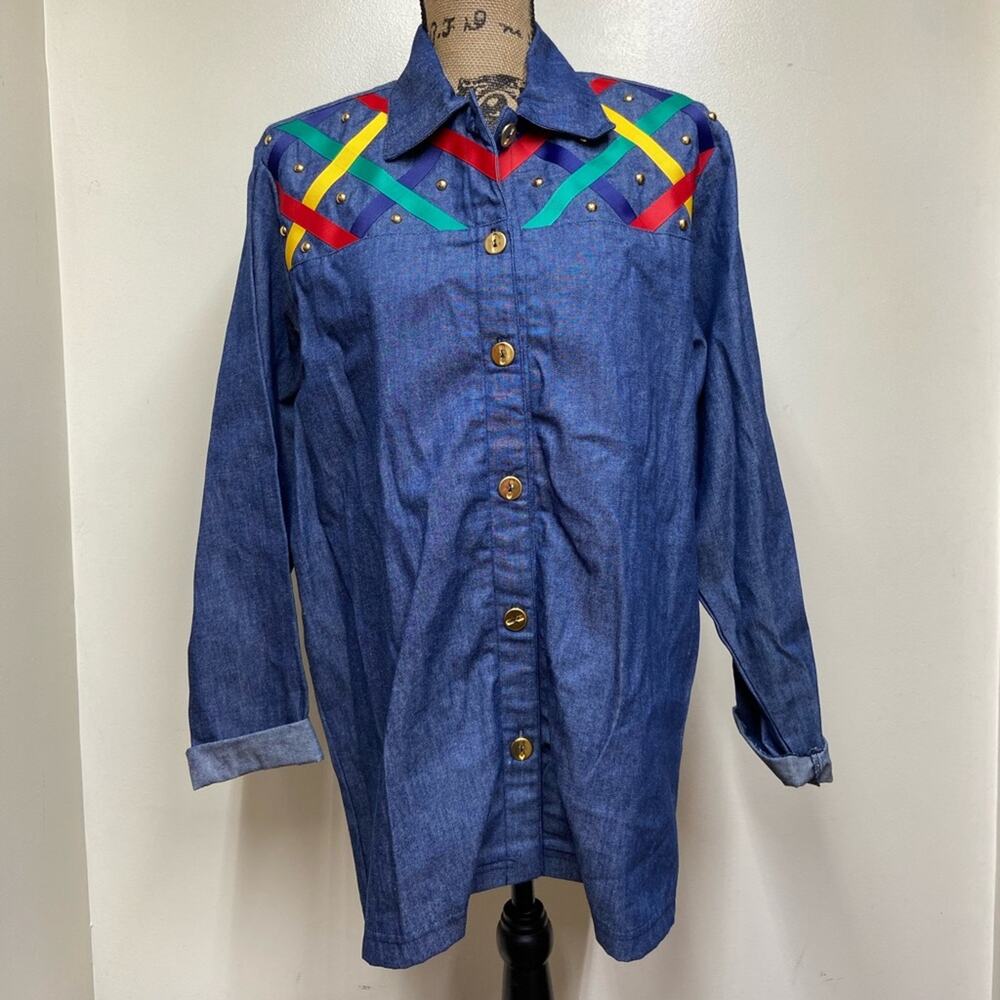 Vintage Gepetto Chambray Button Up Shirt Ribbon Detail and Gold Tone Beads Small